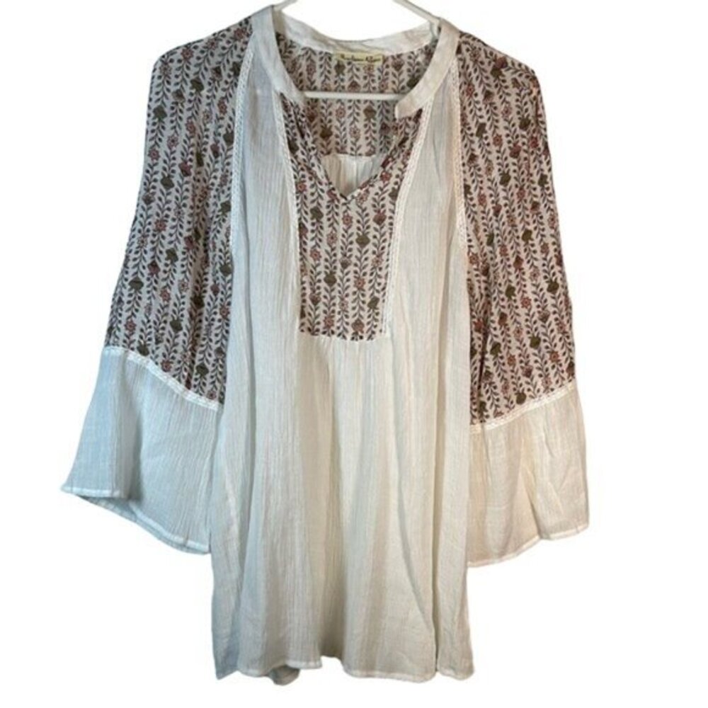 Indigo Rose Bell Sleeve Bohemian Crinkle Floral V-Neck Blouse 2X EUC #1286-AZ